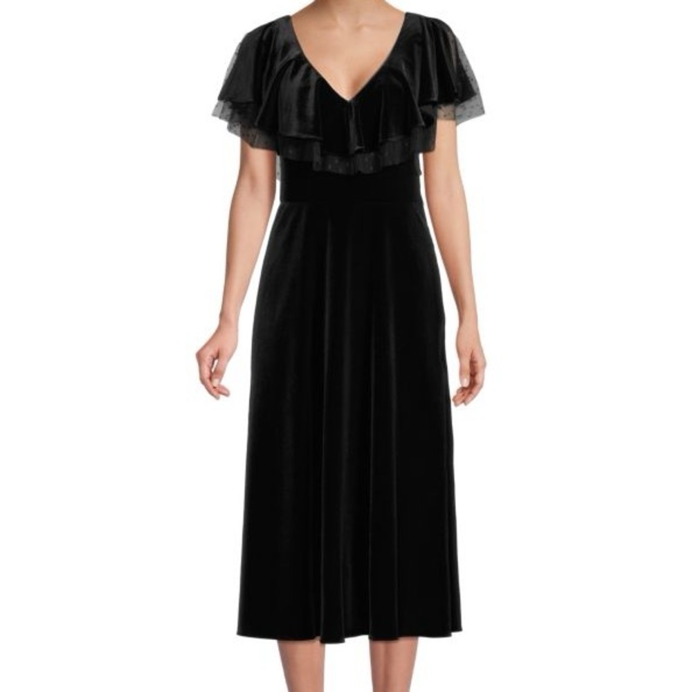 NWT Mikael Aghal $395 Velvet ruffle trim dress black funeral formal event